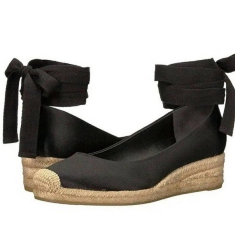 Tory Burch Satin Heather Ankle Wrap Espadrille Wedge shoes Black color Size 5.5